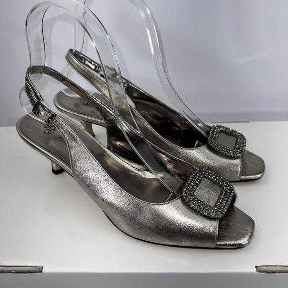 J. Reneé Shoes - J. Renee Classic Silver Peep Toe Silver Metallic Slingback Kitten Heels Size 7 N